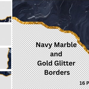 May include: Set of 16 PNG digital images featuring navy blue marble borders with gold glitter accents. The images are transparent and can be used for social media, invitations, or other digital projects.
