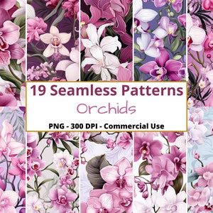 Pode incluir: Uma colagem digital de 19 padrões sem costura com vários desenhos de flores de orquídeas em tons de rosa, branco e roxo. Os padrões são perfeitos para projetos de artesanato, scrapbooking e design digital.  19 Padrões sem costura Orquídeas PNG - 300 DPI - Uso comercial