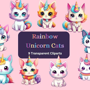 Puede incluir: Nueve gatos unicornio de dibujos animados coloridos con melenas y cuernos arcoíris. Los gatos están sentados en varias poses y tienen pelaje y accesorios de diferentes colores. El texto "Rainbow Unicorn Cats" y "9 Transparent Cliparts" se muestra debajo de los gatos.
