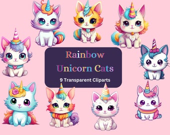 Unicorn Cats Clipart Rainbow Cats Transparent Background Kittycorn PNG Commercial Use Clipart Unicats Caticorn Clipart