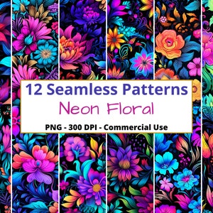 Neon Flowers Pattern Floral Neon Digital Paper Seamless Pattern PNG Scrapbook Paper Commercial Use Repeating Patterns