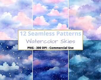 Watercolor Skies Digital Paper Seamless Pattern PNG Scrapbook paper Kid's crafts Commercial Use Repeating Patterns Watercolor Sky