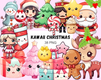 May include: A collection of Kawaii Christmas themed PNG images. The image features a snowman, Santa Claus, a reindeer, a gingerbread man, and other festive characters. The text "KAWAII CHRISTMAS 38 PNG" is also included.