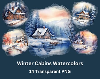 Aquarel Winter Cabin Clipart, transparante achtergrond PNG, commercieel gebruik, sneeuw, bos, lodge, bos