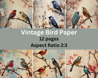 Vintage Bird Paper, Digital Pages, Old Paper, Antique Paper, Distressed Paper, Used Paper, Commercial Use, Scrapbook Paper, Junk Journal