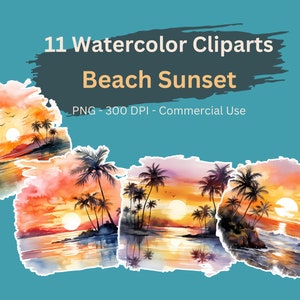 Watercolor Beach Sunset Clipart, Transparent Background PNG, Commercial Use