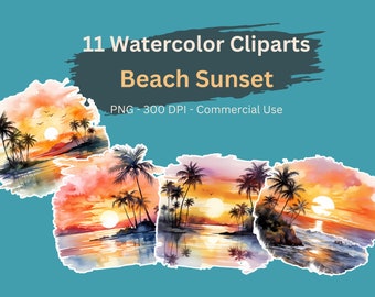 Clipart tramonto sulla spiaggia dell'acquerello, sfondo trasparente PNG, uso commerciale