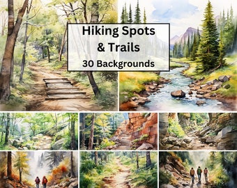 Puede incluir: Una colección de 30 ilustraciones de acuarela que representan senderos de senderismo y lugares en la naturaleza. Las imágenes presentan exuberantes bosques verdes, caminos sinuosos, terrenos rocosos y arroyos que fluyen.  Hiking Spots & Trails 30 Backgrounds.