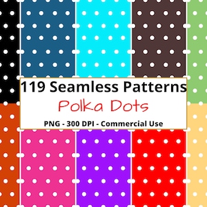 Polka Dot Seamless Patterns, White Dots Colored Background, Digital Paper, PNG, Scrapbook Paper, Commercial Use, repeating patterns