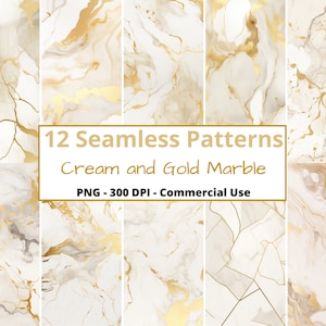 Puede incluir: Doce patrones sin costuras con diseños de mármol crema y dorado. Los patrones son perfectos para agregar un toque de lujo a cualquier proyecto.