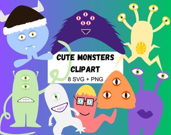 May include: A set of eight cute monster clip art images in SVG and PNG format. The monsters are colorful and have different features, including eyes, mouths, and antennae. The text "Cute Monsters Clipart 8 SVG + PNG" is displayed on a white background.