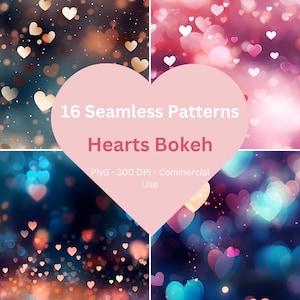 Padrões sem costura Bokeh de corações, papel digital, papel para scrapbook, uso comercial, padrões repetidos, sobreposições de fotografia, dia dos namorados
