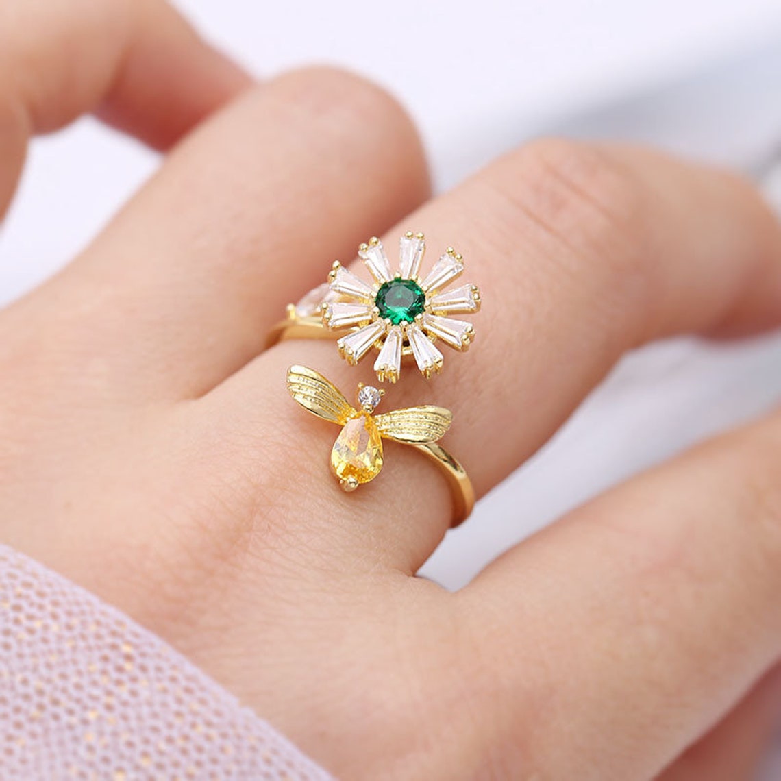 Spinning Fidget Ring Bee and Flower Nature Ring Spinning Etsy