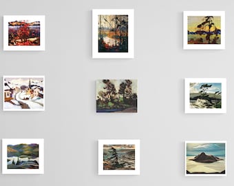 May include: A collection of nine framed paintings depicting various landscapes, including a snowy village, a lake with trees, and a mountain range. The paintings are all in a similar style, with bold colors and brushstrokes.