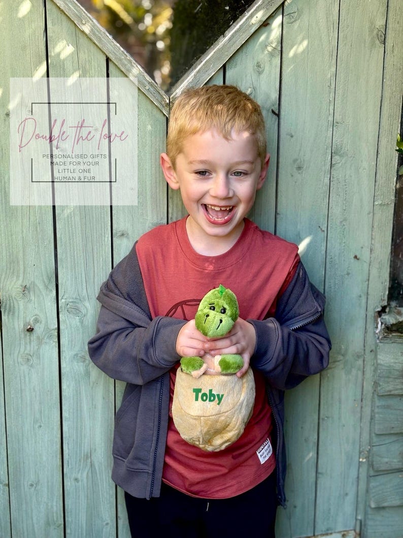 May include: A young boy is holding a green plush dinosaur in a brown fabric pocket with the name "Toby" embroidered on it. The boy is wearing a red t-shirt and a gray hoodie. The background is a green wooden fence.