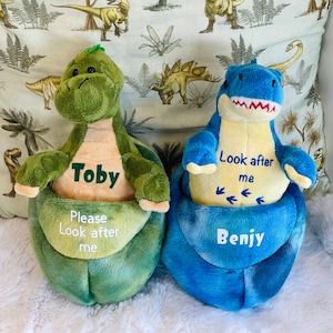 May include: Two plush dinosaur toys, one green and one blue, with embroidered names "Toby" and "Benjy". The green dinosaur has the text "Please look after me" on its belly. The blue dinosaur has the text "Look after me" and arrows pointing to the left on its belly.