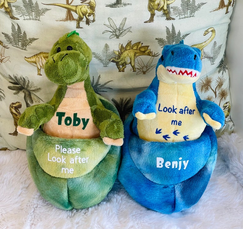 May include: Two plush dinosaur toys, one green and one blue, with embroidered names "Toby" and "Benjy". The green dinosaur has the text "Please look after me" on its belly. The blue dinosaur has the text "Look after me" and arrows pointing to the left on its belly.
