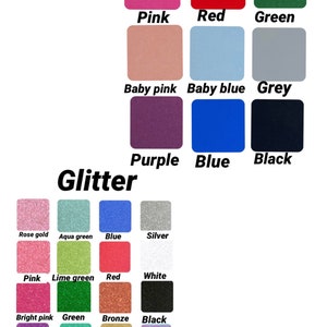 May include: A chart showing different colors of glitter and plain paint. The colors include rose gold, aqua green, blue, silver, pink, lime green, red, white, bright pink, green, bronze, black, lilac, teal, gold, rainbow, purple, light blue, and grey.
