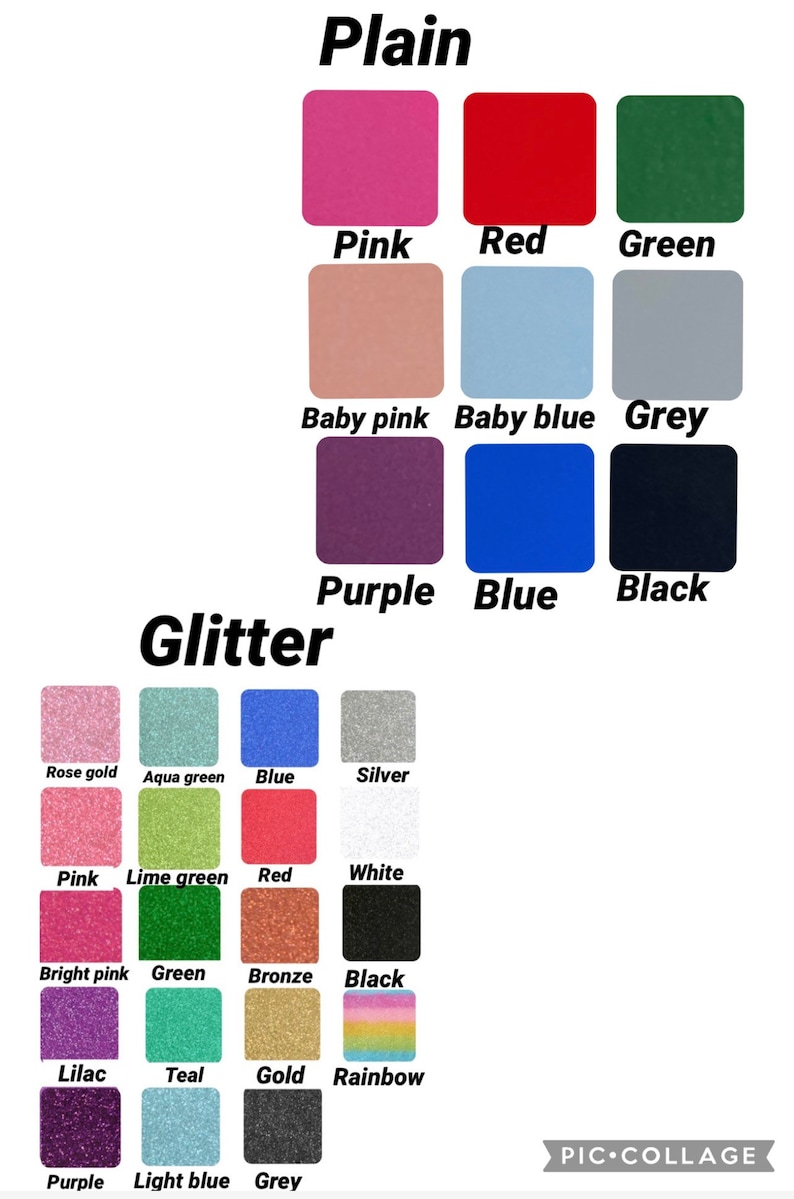 May include: A chart showing different colors of glitter and plain paint. The colors include rose gold, aqua green, blue, silver, pink, lime green, red, white, bright pink, green, bronze, black, lilac, teal, gold, rainbow, purple, light blue, and grey.