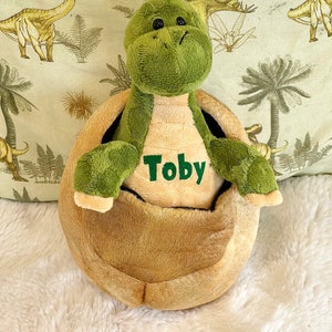 May include: Green plush dinosaur toy with a brown shell, sitting on a white fluffy surface. The dinosaur has a name tag that says "Toby".