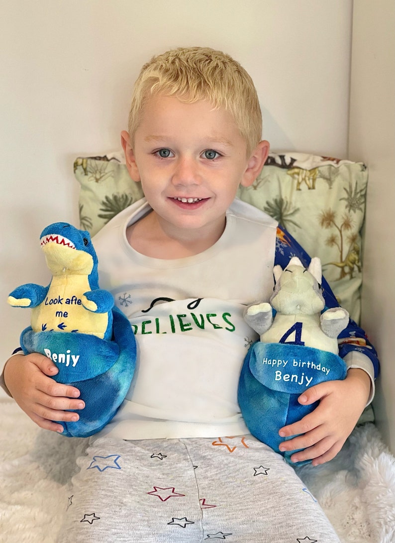 May include: A young boy is holding two blue plush dinosaur toys. The dinosaur on the left has the text "Look after me" and "Benjy" on it. The dinosaur on the right has the text "Happy birthday Benjy" and the number "4" on it. The boy is wearing a white shirt with the text "Believes" on it and grey pants with stars on them.