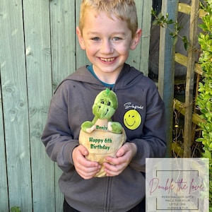May include: A plush green dinosaur toy holding a sign that says "Benjy Happy 6th Birthday". The dinosaur is being held by a child wearing a gray hoodie.