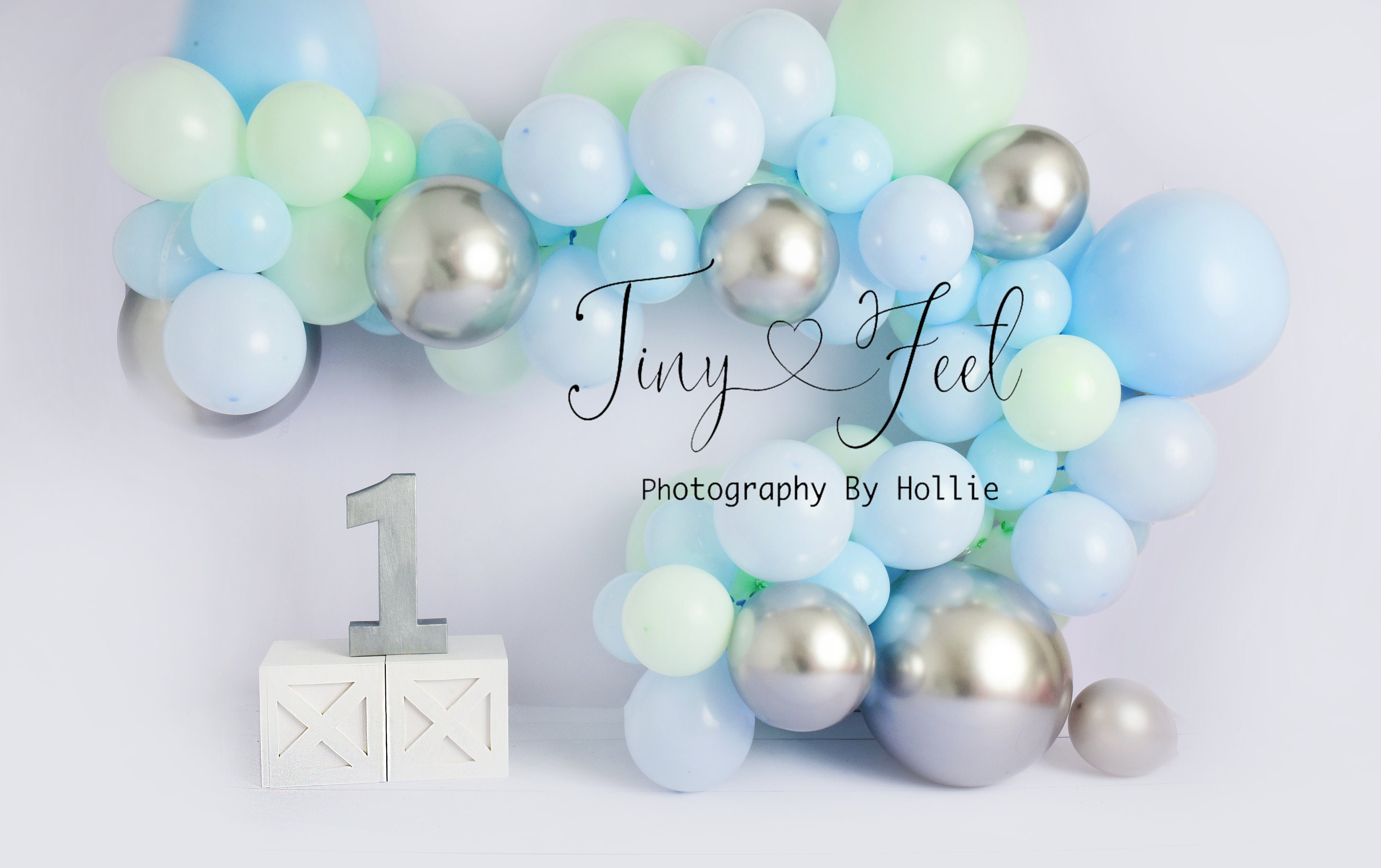 Cake Smash Digital Backdrop With Balloons Mint Blue Boys Birthday for