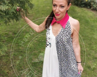 Handmade handpainted dress leopard drawing leopard print summer 2021 pink collar