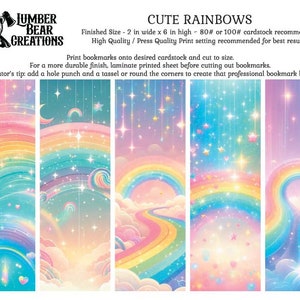 May include: Set of five colorful bookmarks featuring rainbow designs with stars, clouds, and hearts. Each bookmark is approximately 2 inches wide and 6 inches high. The text "CUTE RAINBOWS" is displayed at the top.