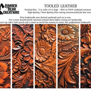May include: Five vertical panels showcasing detailed, embossed floral designs in shades of brown and orange, resembling tooled leather. The text "TOOLED LEATHER" is visible, along with instructions for printing bookmarks. The finished size is 2 inches wide by 6 inches high.