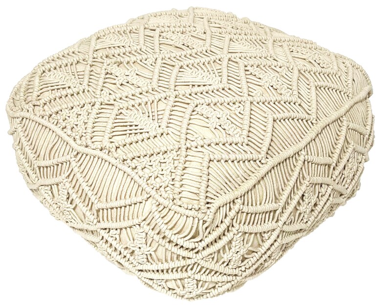 May include: A cream-colored, square-shaped throw pillow with a woven, macrame design.