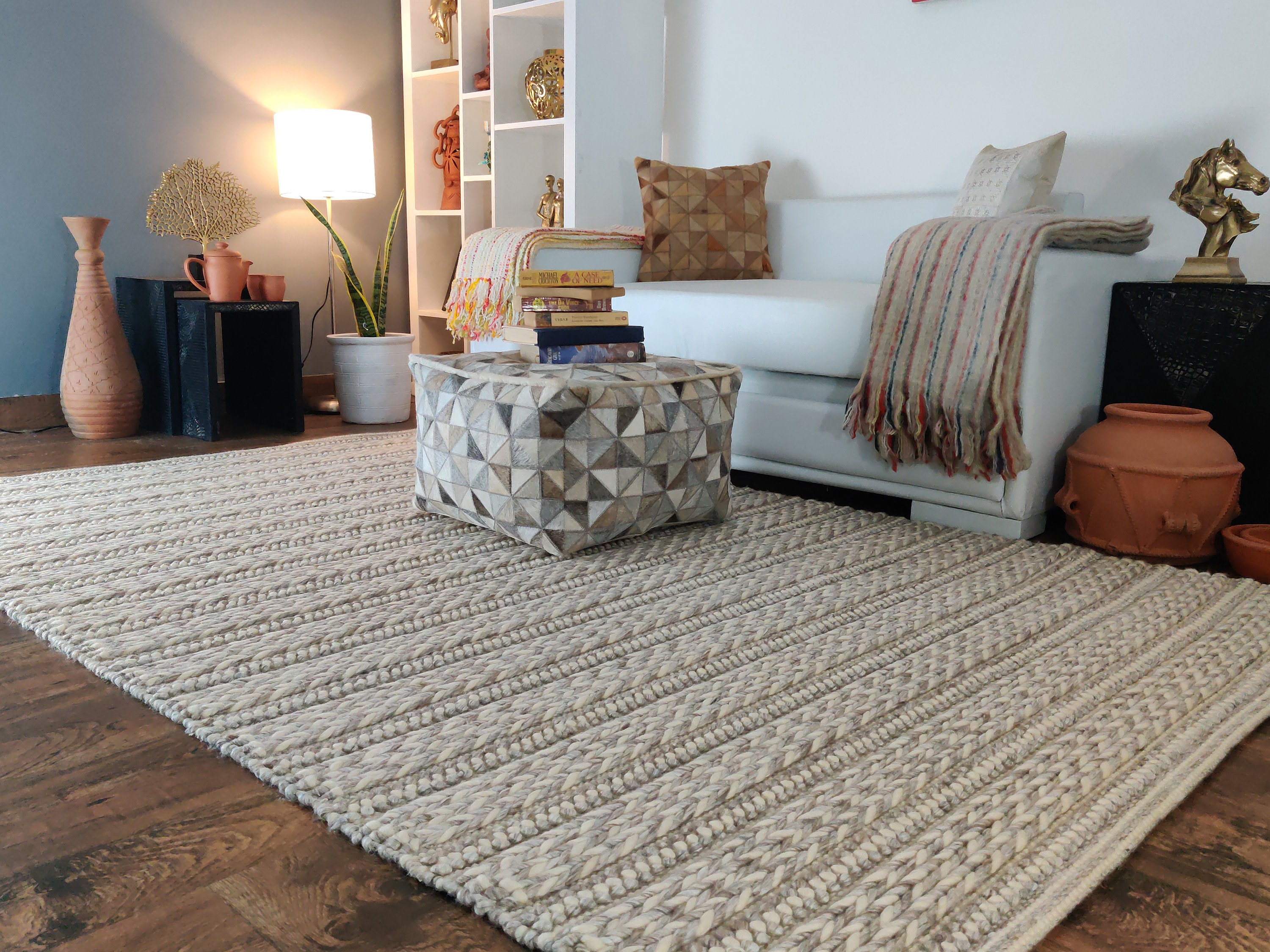 Rich Textured Neutral Wool Rug Soft Handmade Area Rug Custom Size Options  Scandinavian Living Room and Bedroom Decor Minimalist 