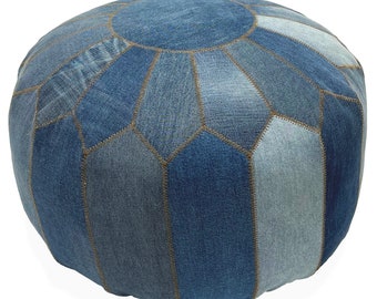 Handwoven Recycled Denim Pouf Footstool, Blue Patchwork (21x21x15)