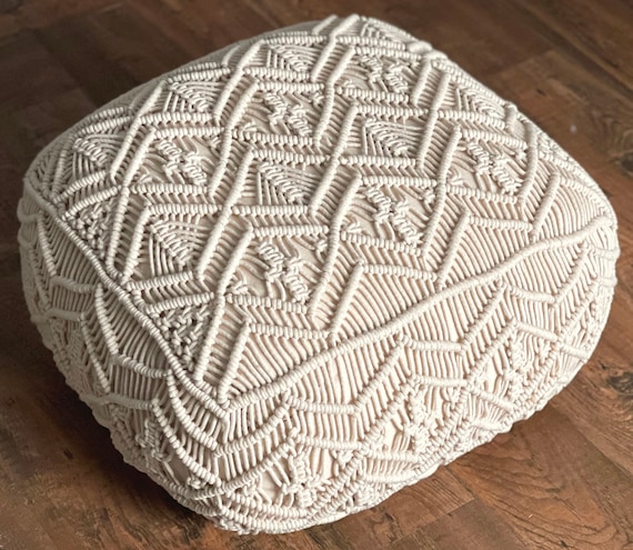 Loominaire Rustic Macrame Pouf / Footstool "Triglav Cube" Hand Woven of Cotton For Living Room Bed Room Family Room (18"x18"x12")