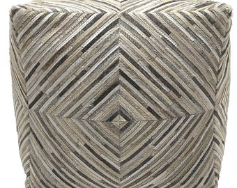Handmade Cowhide Leather Pouf, Masai Diamond Footstool (18"x18"x18")