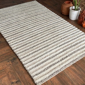 May include: A rectangular rug with a striped pattern in shades of white, gray, and beige. The rug is made of a woven material and is placed on a dark wood floor. The rug's design features alternating stripes of varying widths.