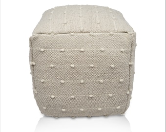 Handwoven Wool Cotton Pouf, Ivory Ottoman Footstool (16"x16"x16")
