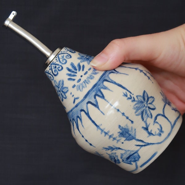 Handmade Wheel Thrown Oil Bottle or Vase / Handpainted Blue painted design