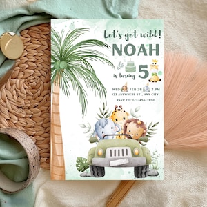 Invitación de cumpleaños EDITABLE de Safari, Invitación de 1er cumpleaños de Wild One, Invitaciones de animales de la selva dorada, Plantilla imprimible Descarga instantánea 01