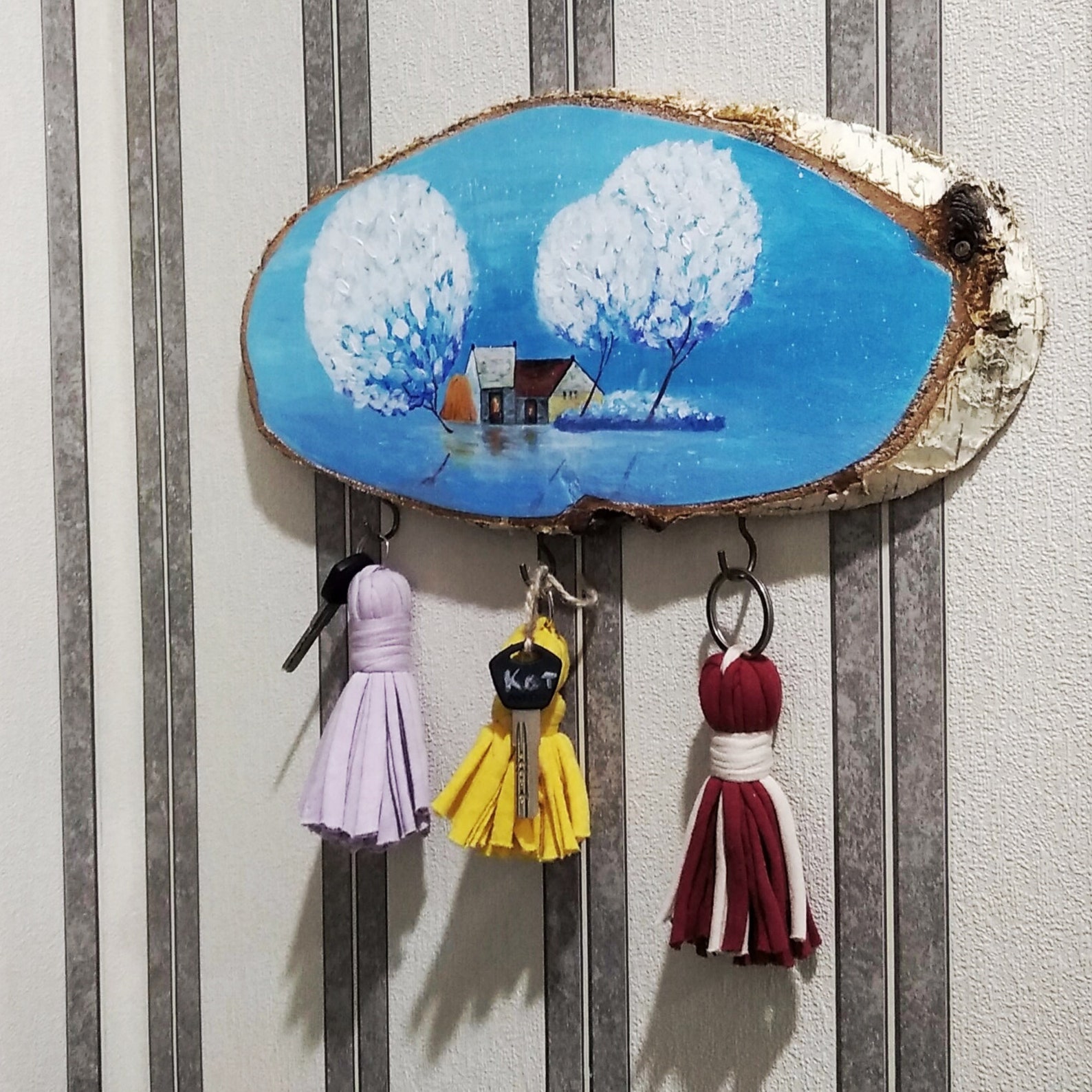 Handpainted key holder board for wall made of wood slice Etsy