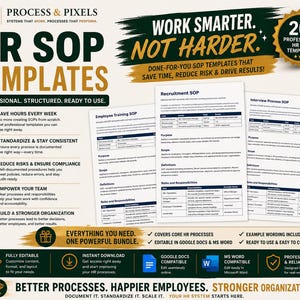 May include: A digital marketing graphic for HR SOP templates featuring the text "HR SOP TEMPLATES" and "WORK SMARTER. NOT HARDER." It displays three document previews titled "Employee Training SOP," "Recruitment SOP," and "Interview Process SOP."