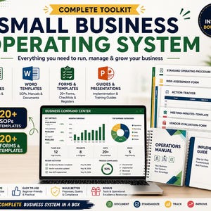 May include: A digital business toolkit titled Small Business Operating System featuring a laptop displaying a Business Command Centre dashboard with charts, alongside various document templates, an operations manual, and an implementation guide.