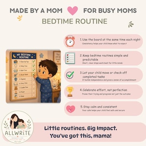 Op de afbeelding: Een bedtijdroutinekaart met een kind in blauwe pyjama die taken afvinkt zoals speelgoed opruimen, potjestijd, badtijd, tandenpoetsen, pyjama aan, verhaaltje voorlezen, knuffeltijd, gebed en slapen. Bevat vijf instructiestappen en tekst.