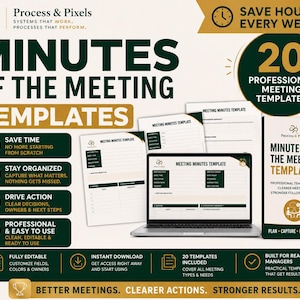 May include: A digital product set featuring 20 professional meeting minutes templates. The display includes a laptop showing a template, printed document examples, and text overlays stating "Minutes of the Meeting Templates" and "Save Hours Every Week."