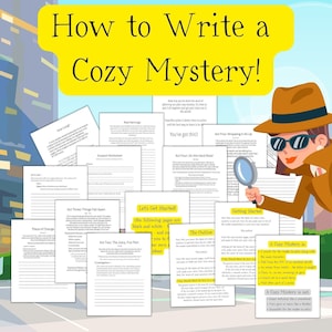 Peut inclure: Un guide coloré avec le titre "Comment écrire un mystère cosy !" Le guide comprend des conseils et des feuilles de travail pour écrire un roman policier cosy. Le guide présente un personnage de détective avec une loupe et un schéma de couleurs noir et blanc.