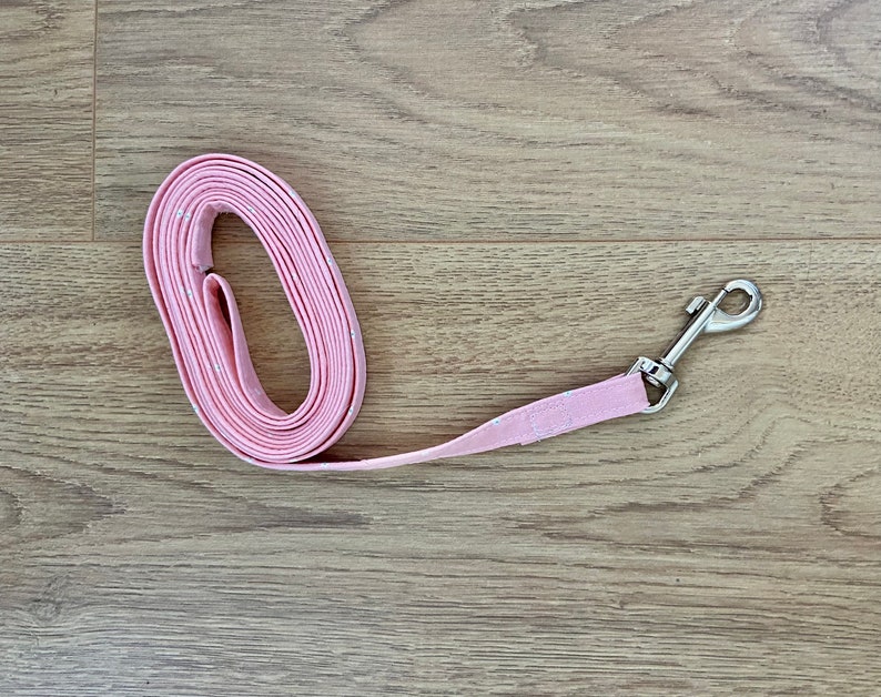Puede incluir: Una correa de perro rosa con un clip plateado. La correa est&aacute; enrollada y el clip est&aacute; unido al extremo de la correa.