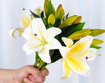 Lily Bouquet | Lily Stem | Artificial Flower | DIY | Floral | Centerpiece | Wedding | Home Decor | Gifts - Yellow - Sunset - White