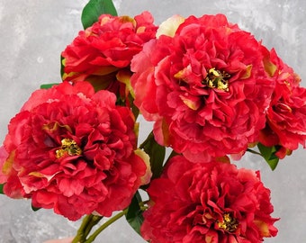 5 Huge Heads Peony Bouquet | High Quality Artificial Flower | DIY Floral | Wedding/Home Decoration | Gifts - Red