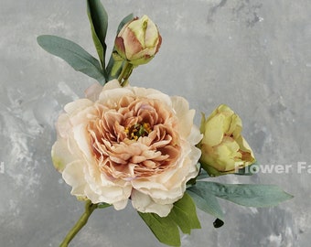 Dried Look Huge Peony with 2 Buds Stem | High Quality Artificial Flower | DIY Floral | Wedding/Home Decoration | Gifts - Dusty Rose