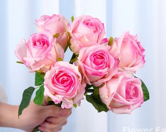 7 Stems Real Touch Latex Rose Bouquet | High Quality Artificial Flower | DIY | Wedding/Home Decoration | Gifts - Pink